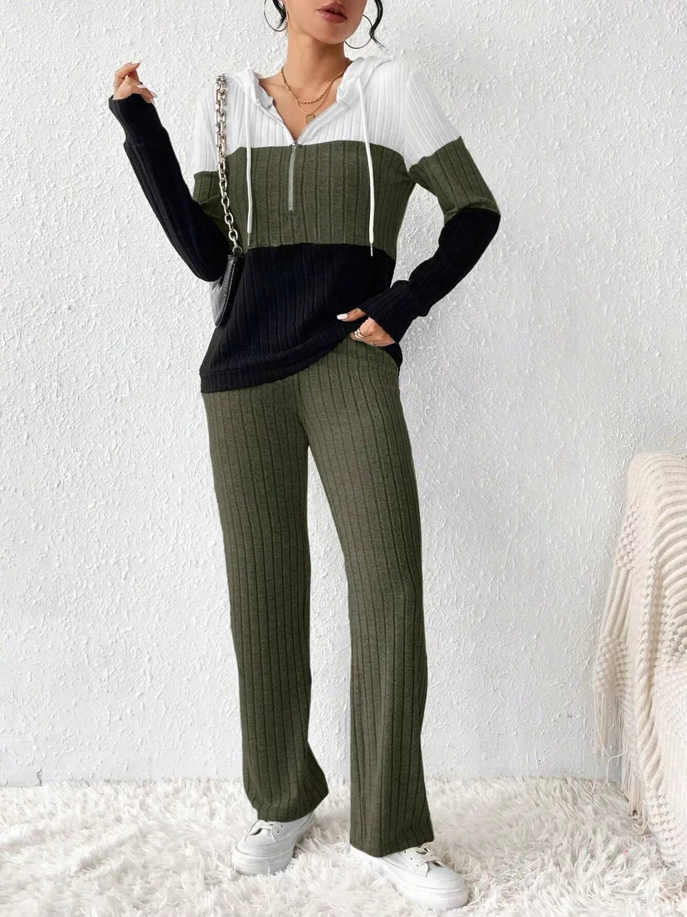 Color Block Half Zip Hooded Top and Pants Set Army Green S