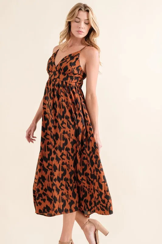 Leopard Print Plunge Maxi Dress Brown L