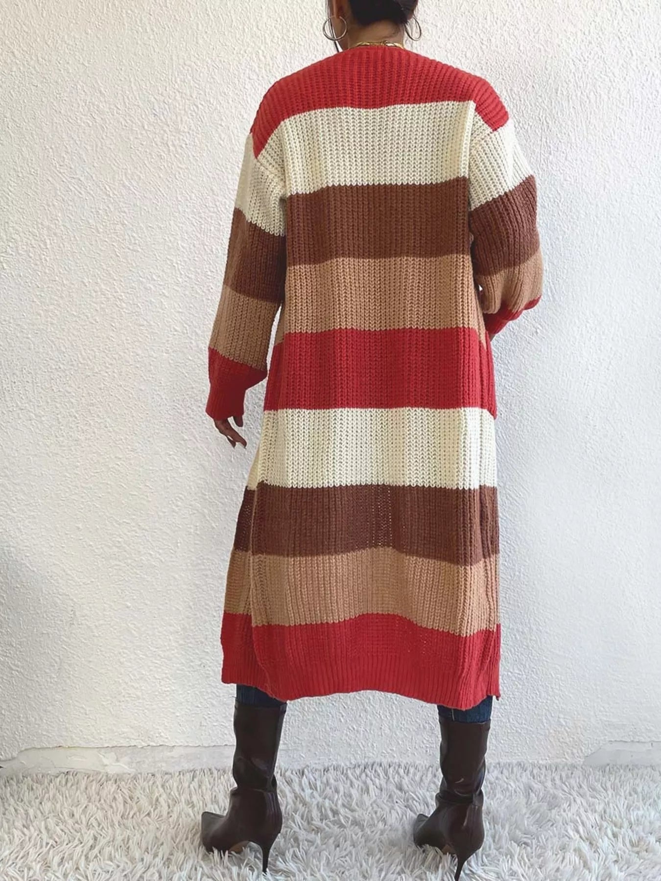 Striped Color Block Open Front Knit Cardigan