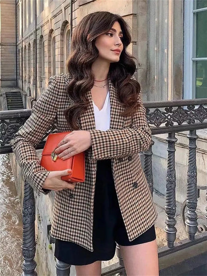 Plaid Lapel Collar Long Sleeve Blazer Khaki S