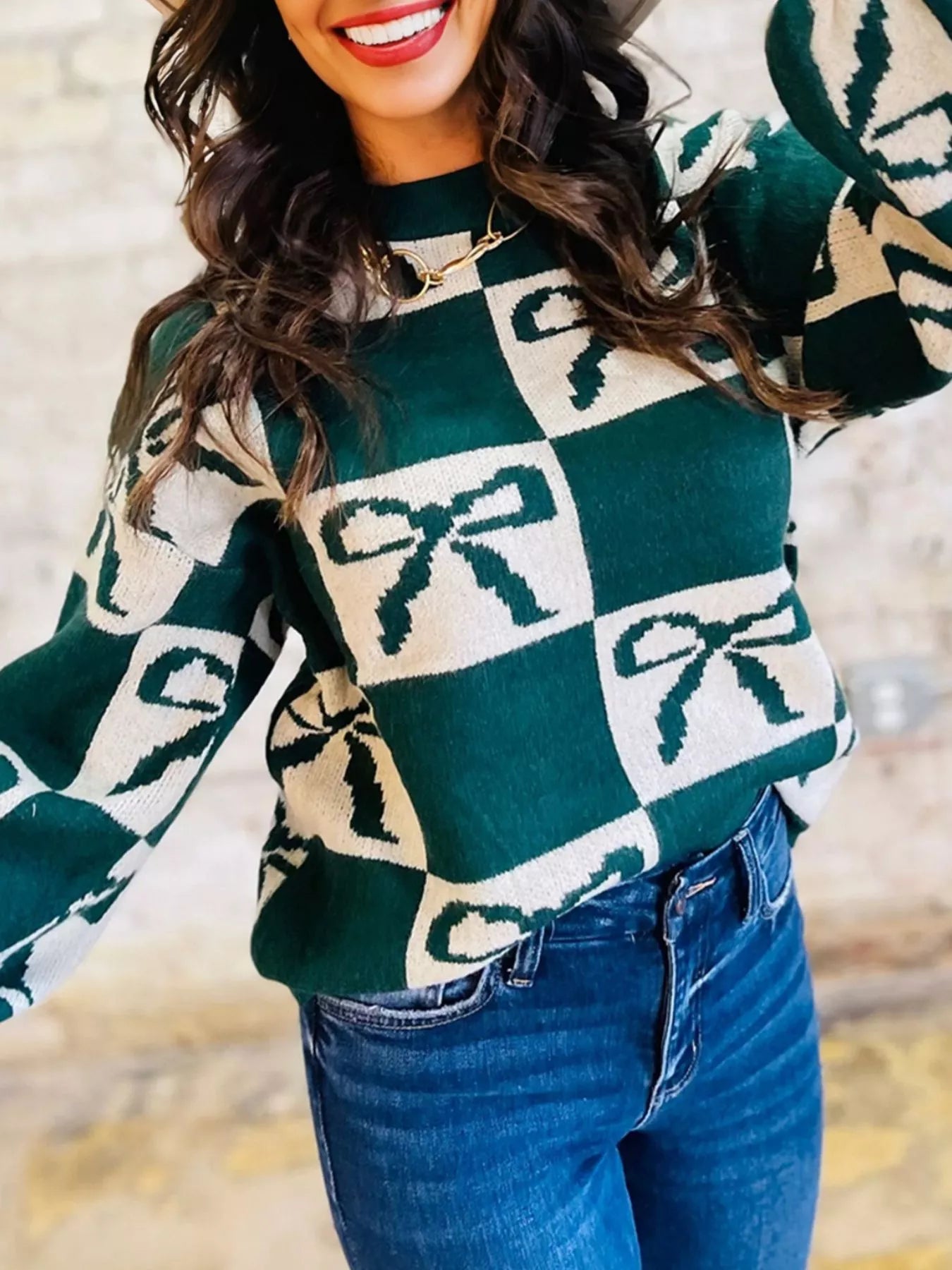Checkered Bow Round Neck Casual Sweater Dark Green S