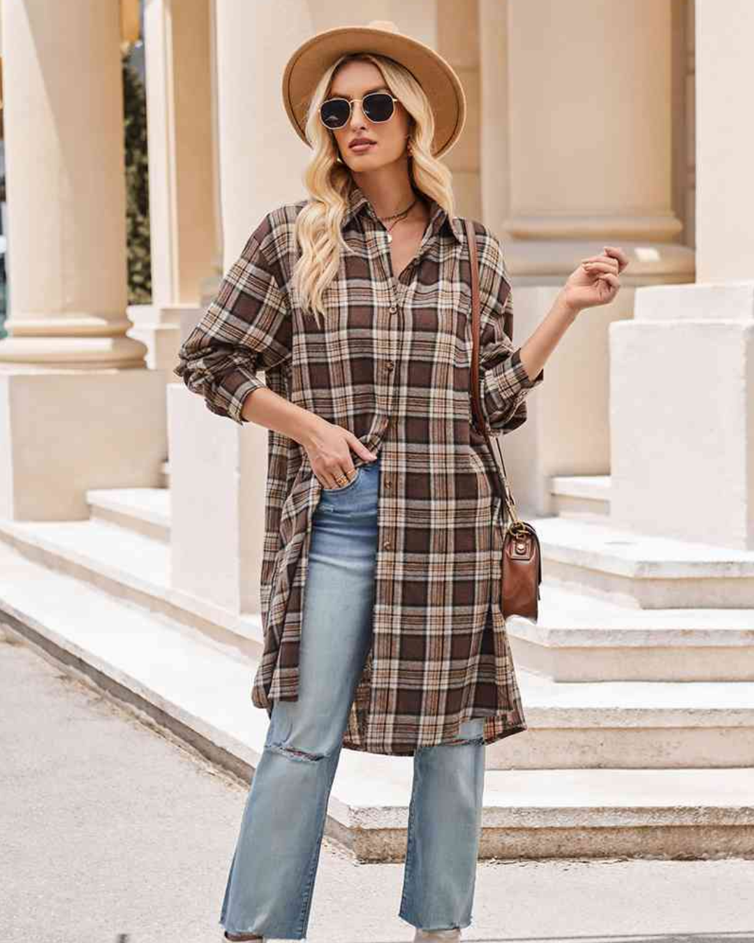 Plaid Collared Neck Long Sleeve Coat   