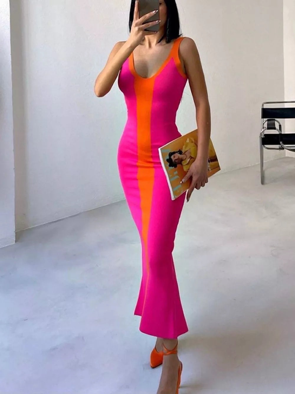 Contrast Wide Strap Slit Midi Dress Strawberry S