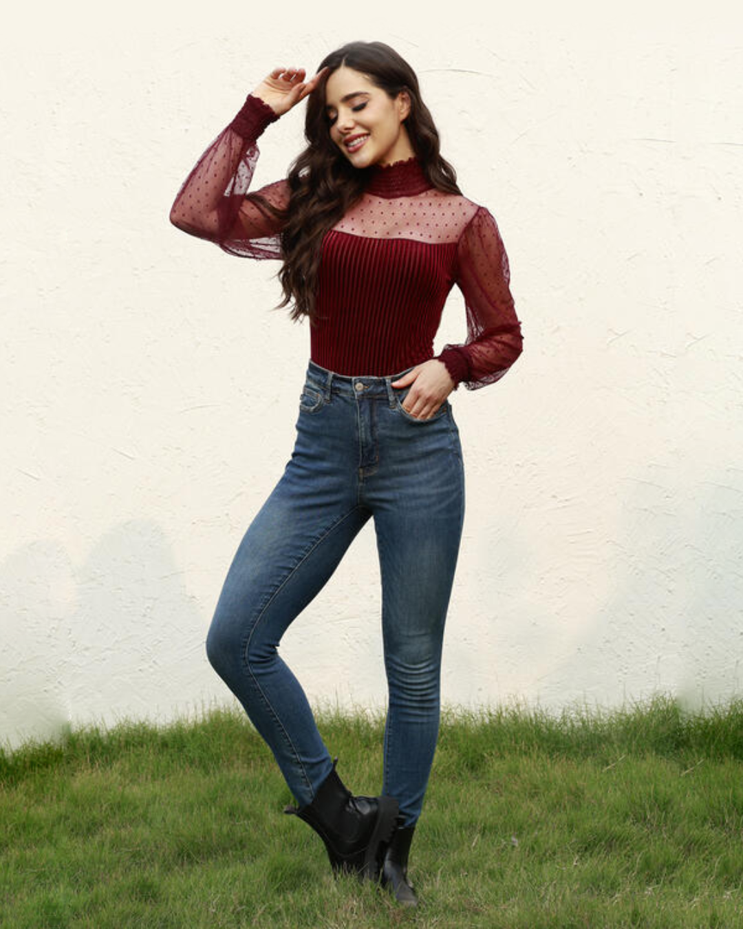 Mesh Long Sleeve Velvet Bodysuit   