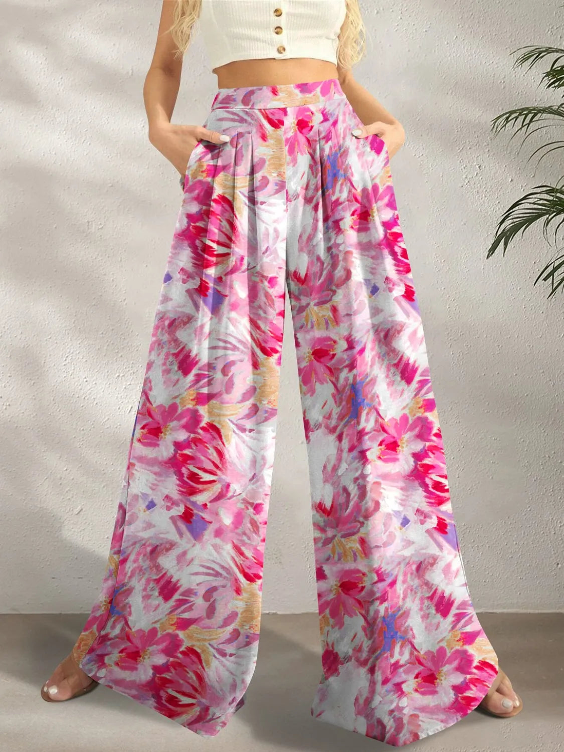 Printed Wide Leg Pants Fuchsia Pink M