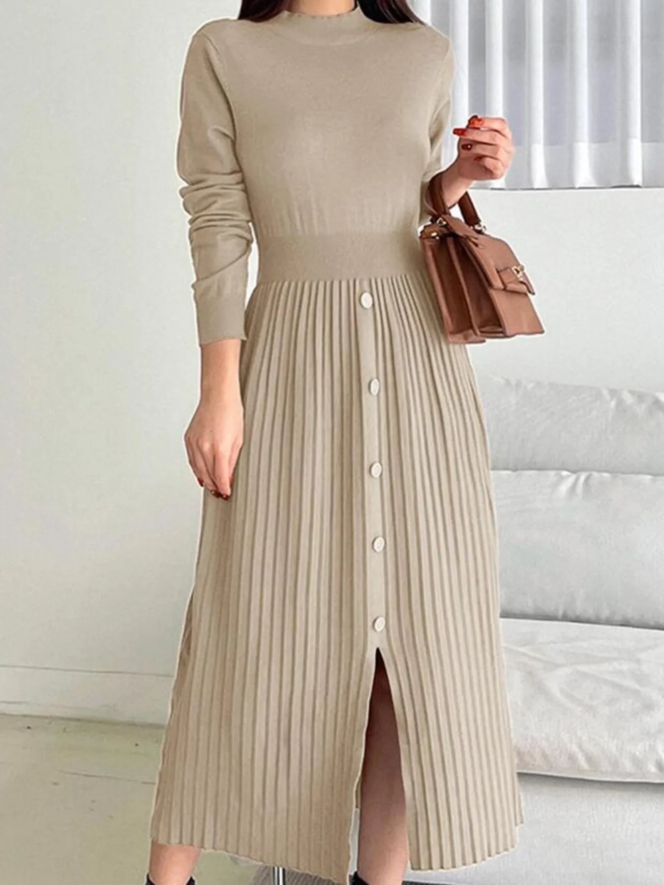 Slit Front Mock Neck Long Sleeve Knit Dress Apricot S
