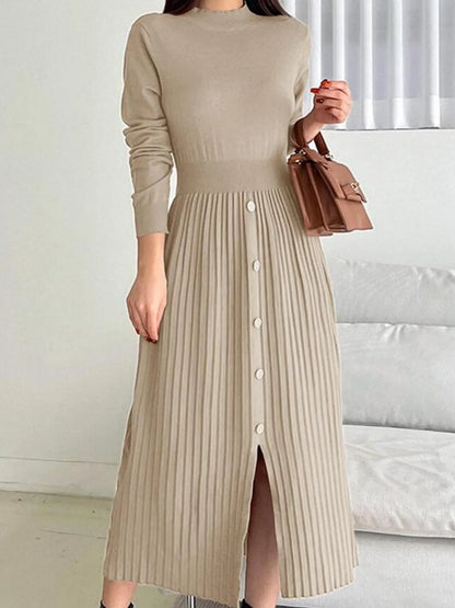 Slit Front Mock Neck Long Sleeve Knit Dress Apricot S
