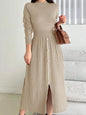 Slit Front Mock Neck Long Sleeve Knit Dress Apricot S