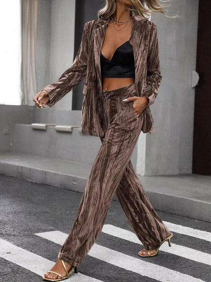 Lapel Collar Long Sleeve Blazer and Pants Set