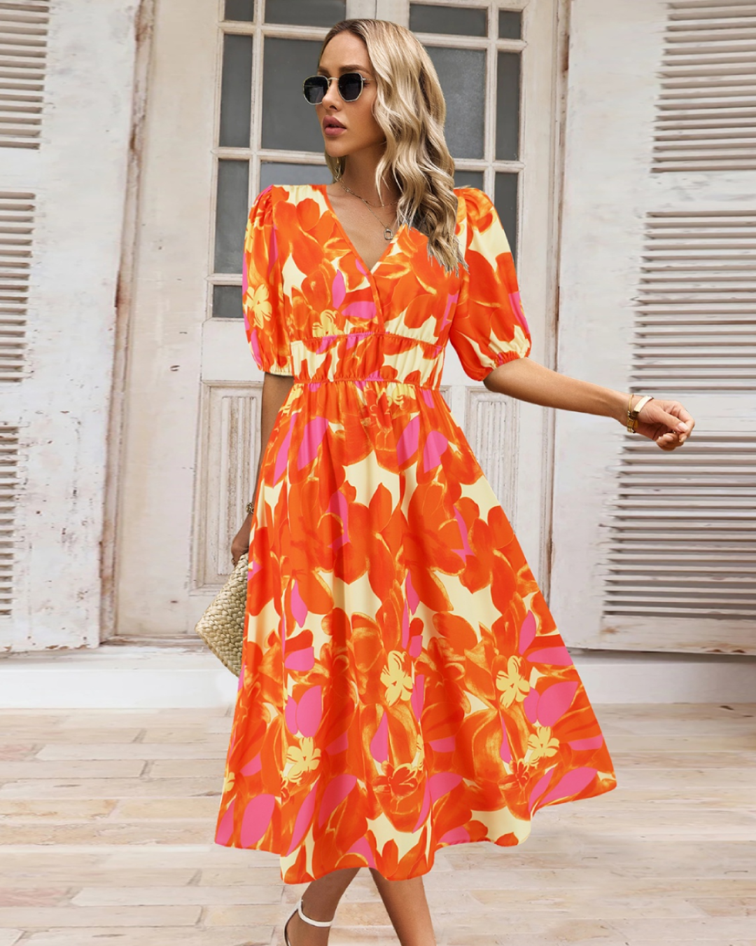 Ruched Printed Surplice Dress Orange S 