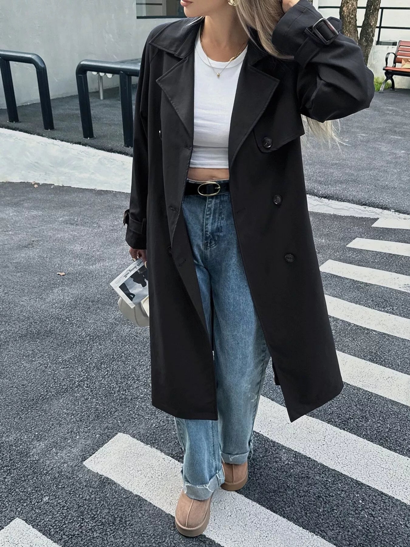 Double-Breasted Belted Trench Coat Black S
