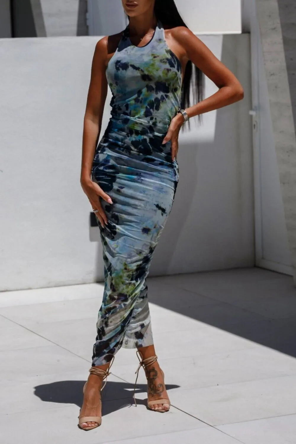 Backless Printed Halter Neck Dress Dusty Blue M