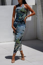 Backless Printed Halter Neck Dress Dusty Blue M
