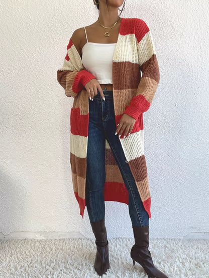Striped Color Block Open Front Knit Cardigan