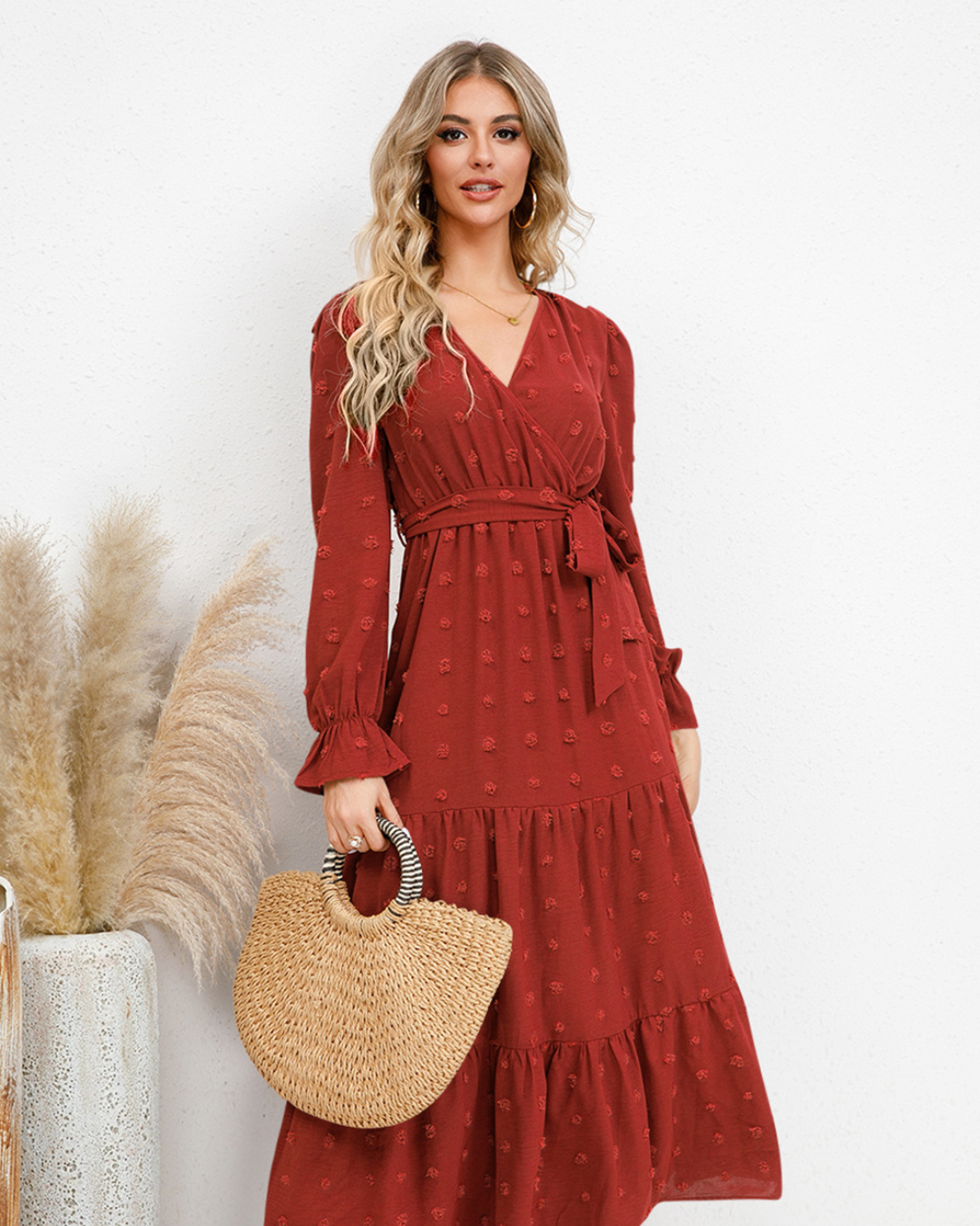 Swiss Dot Tied Surplice Dress Red Orange S 