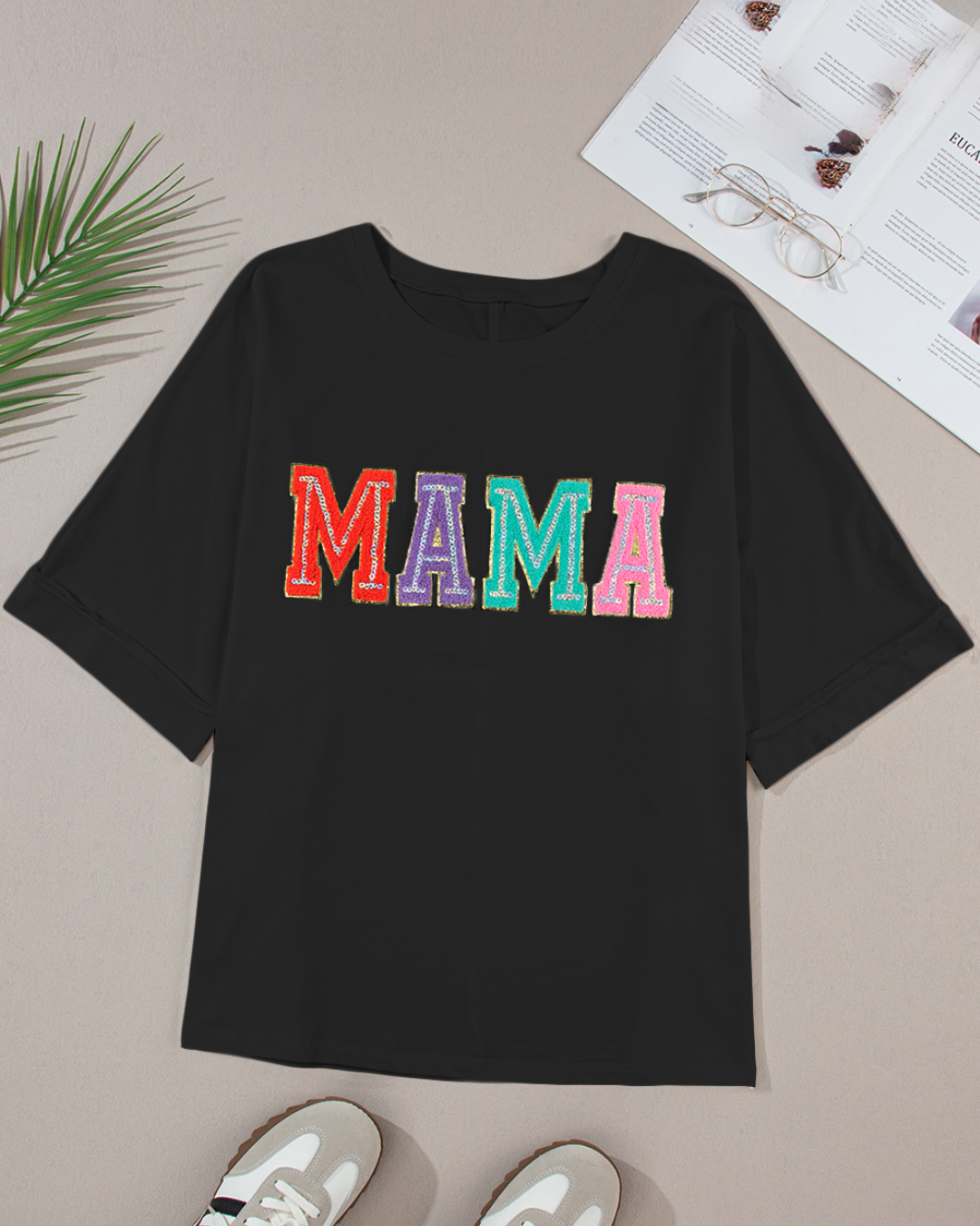 Black MAMA Patched Crew Neck T-Shirt Black S 