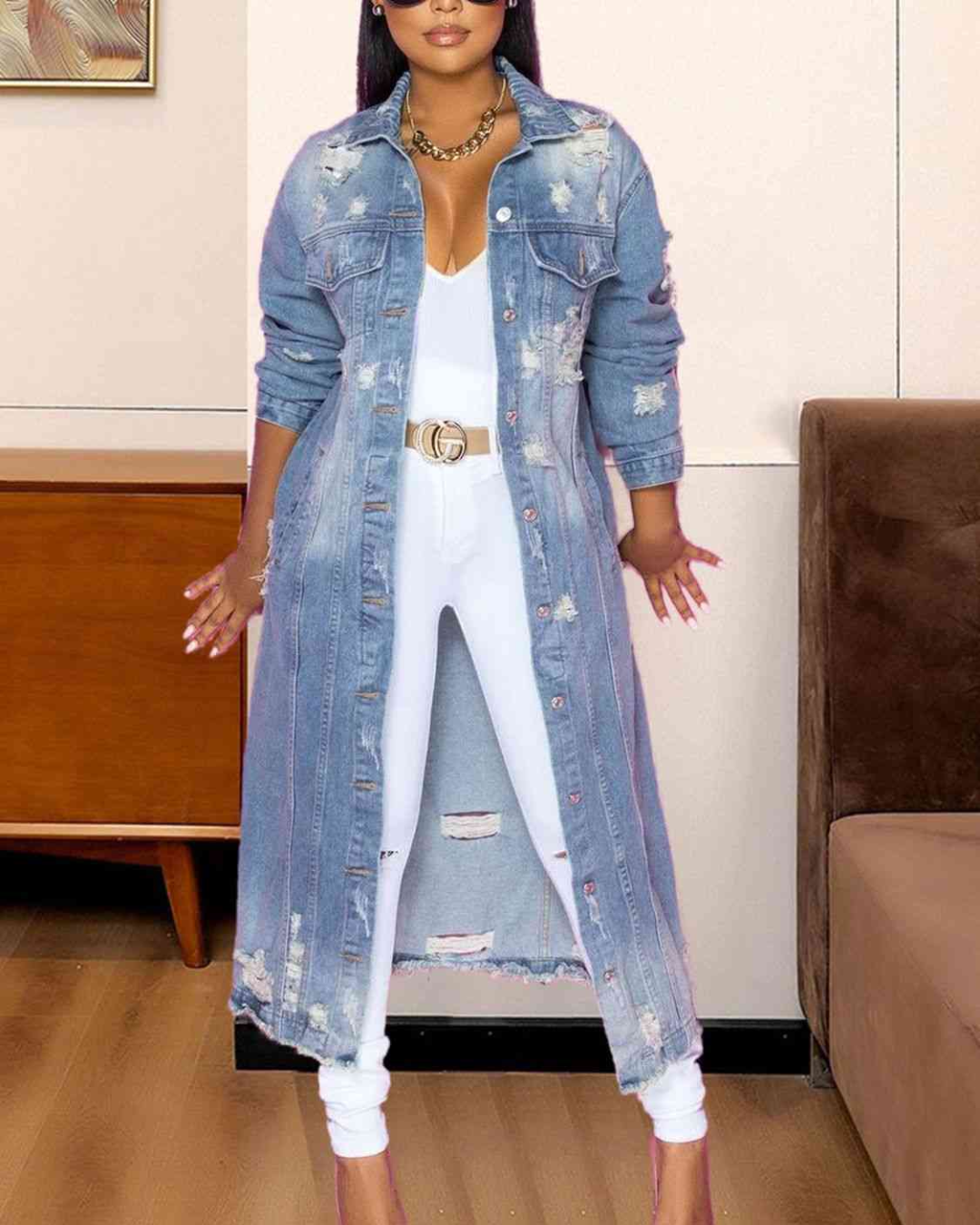 Long Sleeve Raw Hem Denim Jacket Light S 