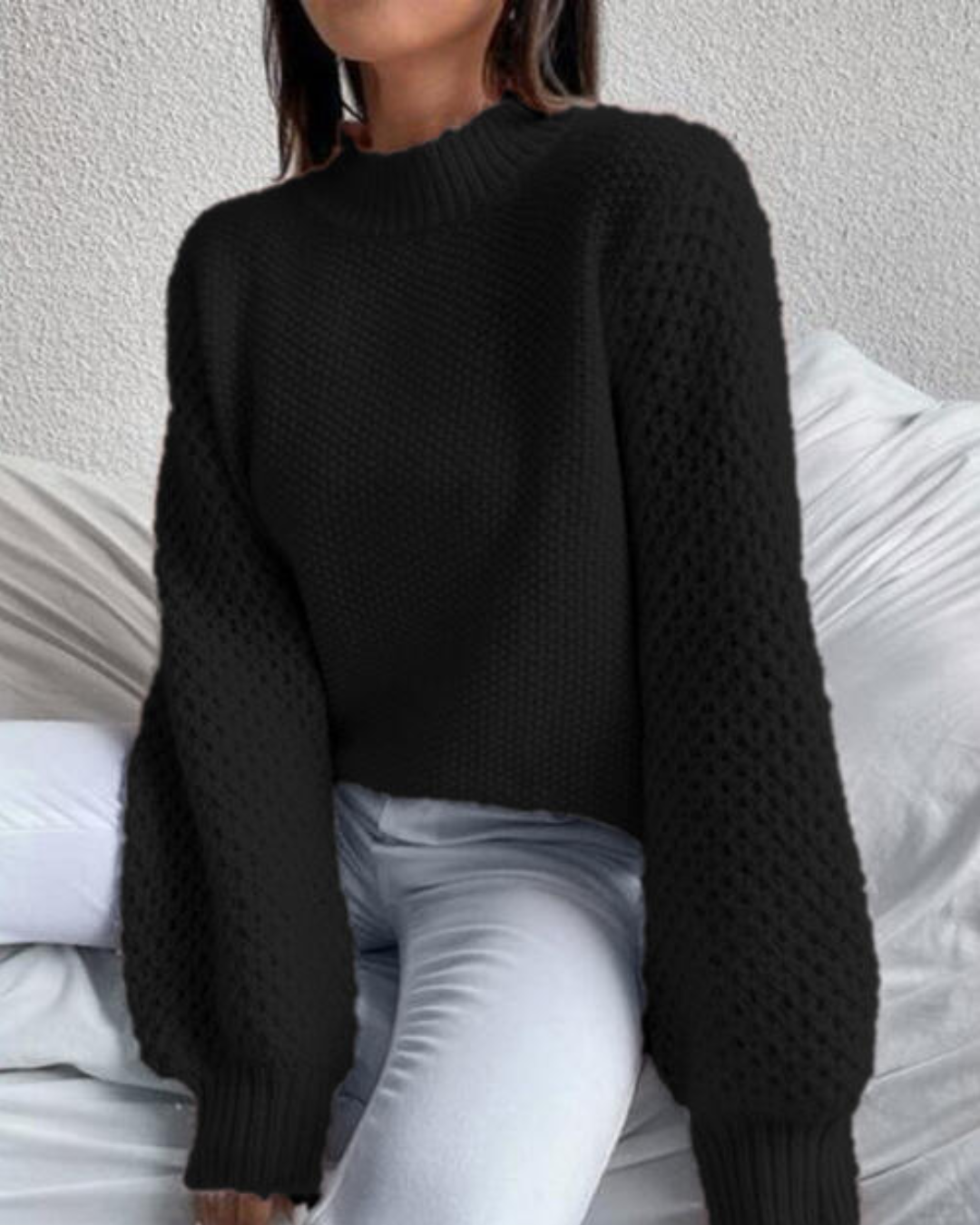 Openwork Mock Neck Long Sleeve Sweater   