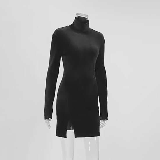 Slim Fit Velvet Sheath Turtleneck Dress