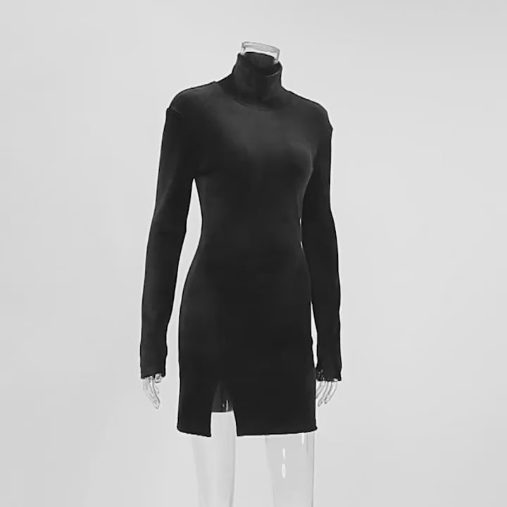 Slim Fit Velvet Sheath Turtleneck Dress