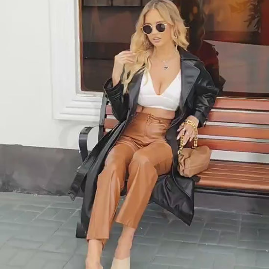 Faux Leather Long Trench Coat
