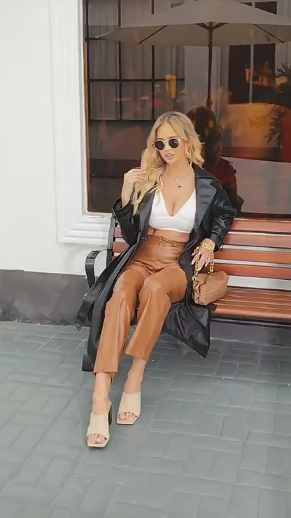 Faux Leather Long Trench Coat