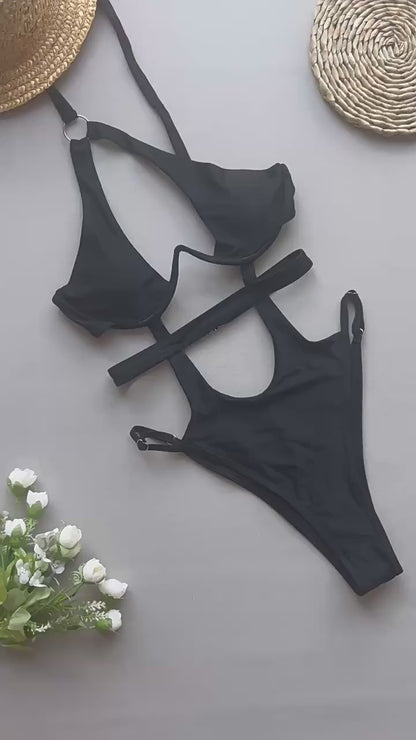 One Piece Swimsuit Women Sexy Bikini Ladies Solid Color Swimwear Bikini
