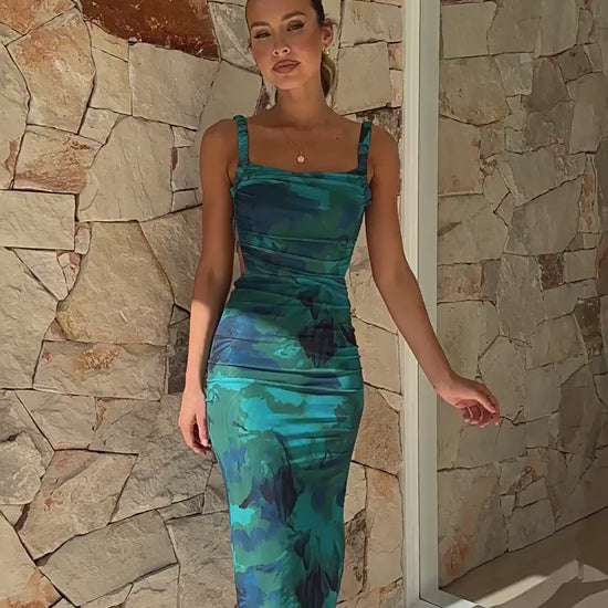 aqua printed backless split dress