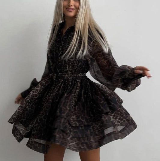 Vintage Lapel Long Sleeve High Waist Pleated Elegant Dress