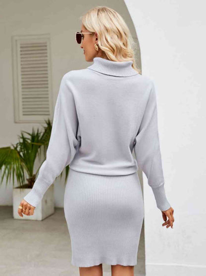 Turtle Neck Long Sleeve Ribbed Sweater Dress   