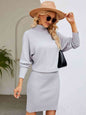 Turtle Neck Long Sleeve Ribbed Sweater Dress Light Gray S 