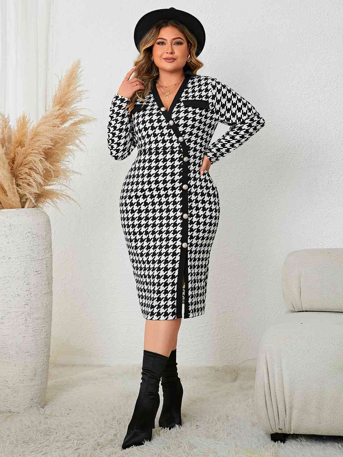 Plus Size Houndstooth Long Sleeve Slit Dress   