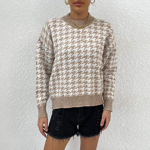 Houndstooth Round Neck Drop Shoulder Sweater   