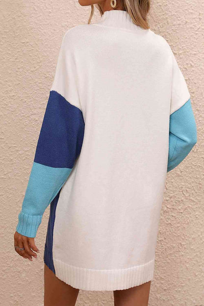 Color Block Mock Neck Dropped Shoulder Sweater Dress   