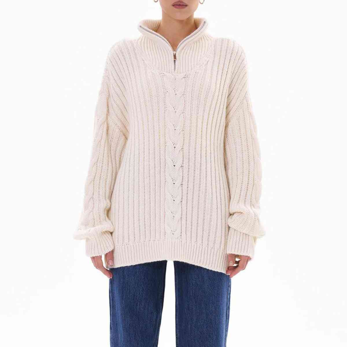 Ribbed Half Zip Long Sleeve Sweater White S 