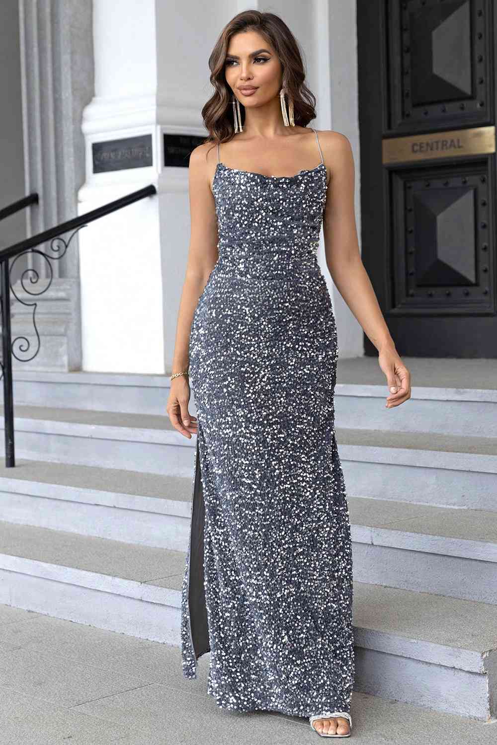 Sequin Backless Split Maxi Dress Cloudy Blue XS 
