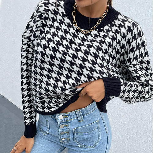 Houndstooth Round Neck Drop Shoulder Sweater   