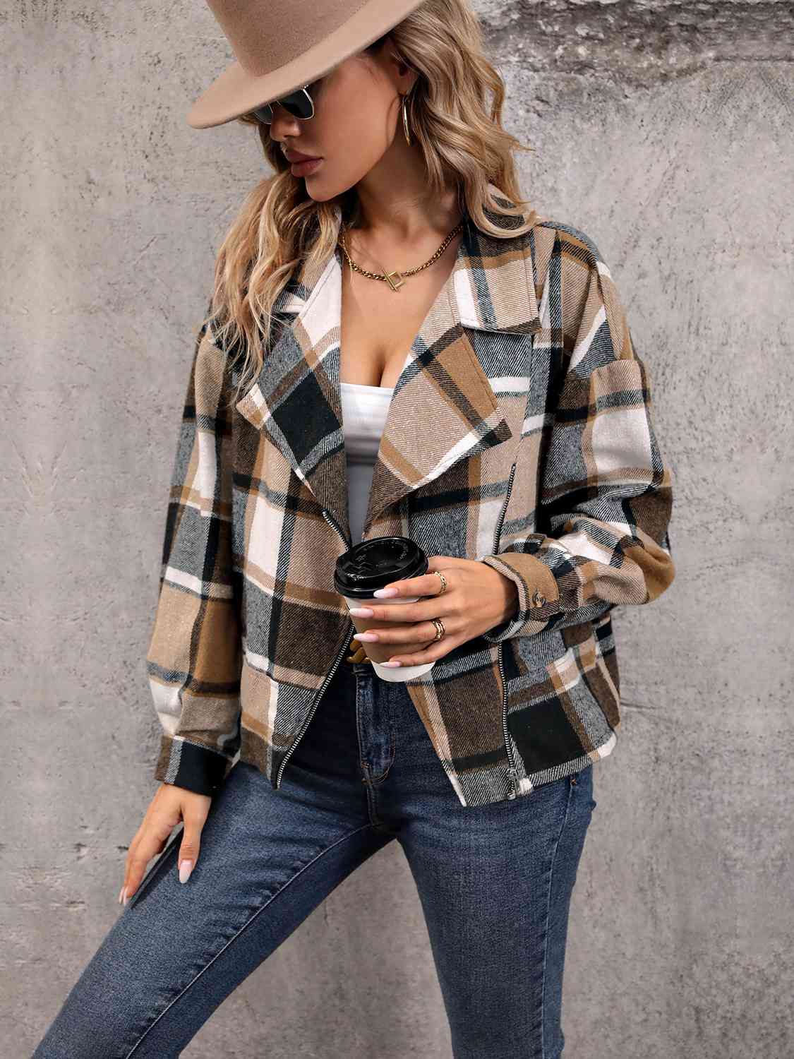 Plaid Collared Neck Long Sleeve Jacket   