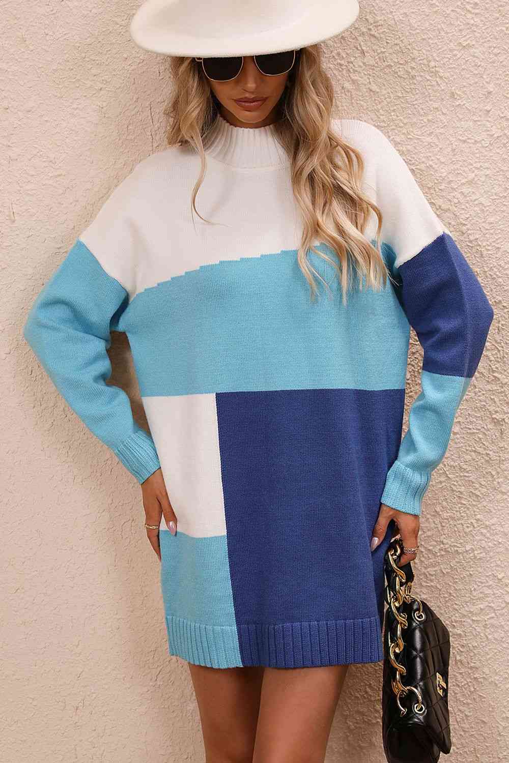 Color Block Mock Neck Dropped Shoulder Sweater Dress   