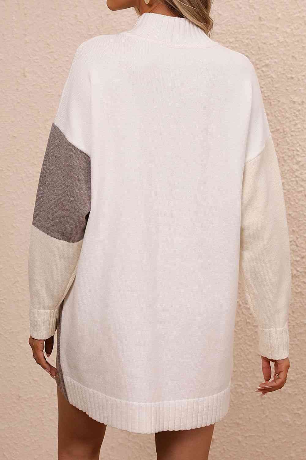 Color Block Mock Neck Dropped Shoulder Sweater Dress   
