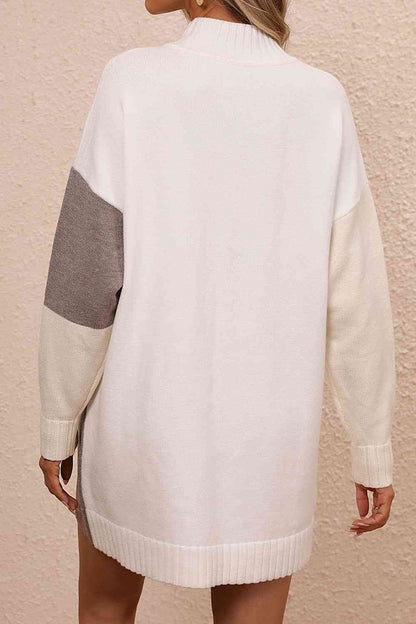 Color Block Mock Neck Dropped Shoulder Sweater Dress   