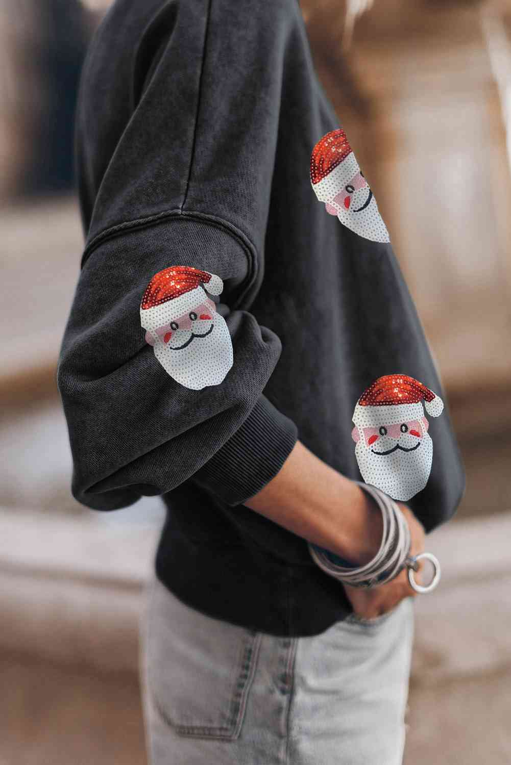 Sequin Santa Patch Round Neck Sweatshirt   