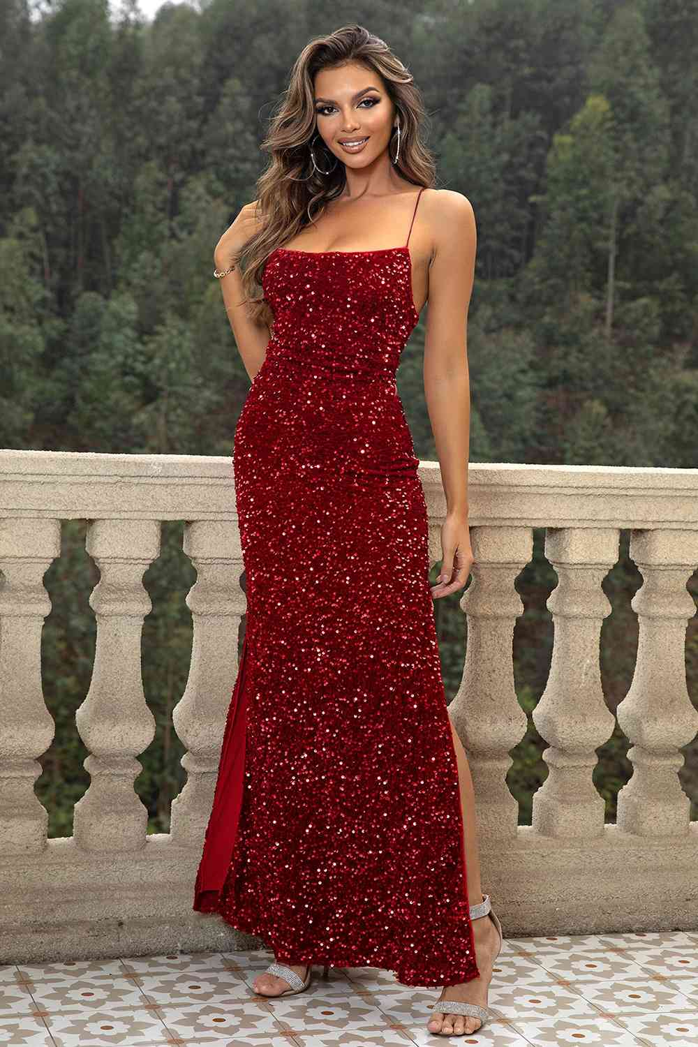 Sequin Backless Split Maxi Dress   