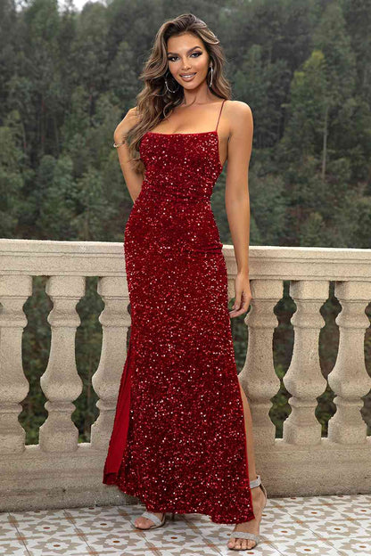 Sequin Backless Split Maxi Dress   