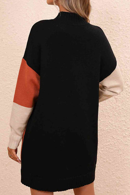 Color Block Mock Neck Dropped Shoulder Sweater Dress   