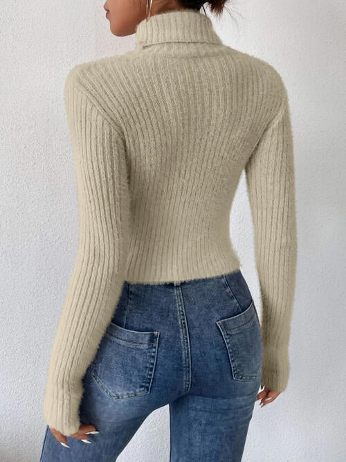 Ribbed Turtleneck Long Sleeve Sweater   