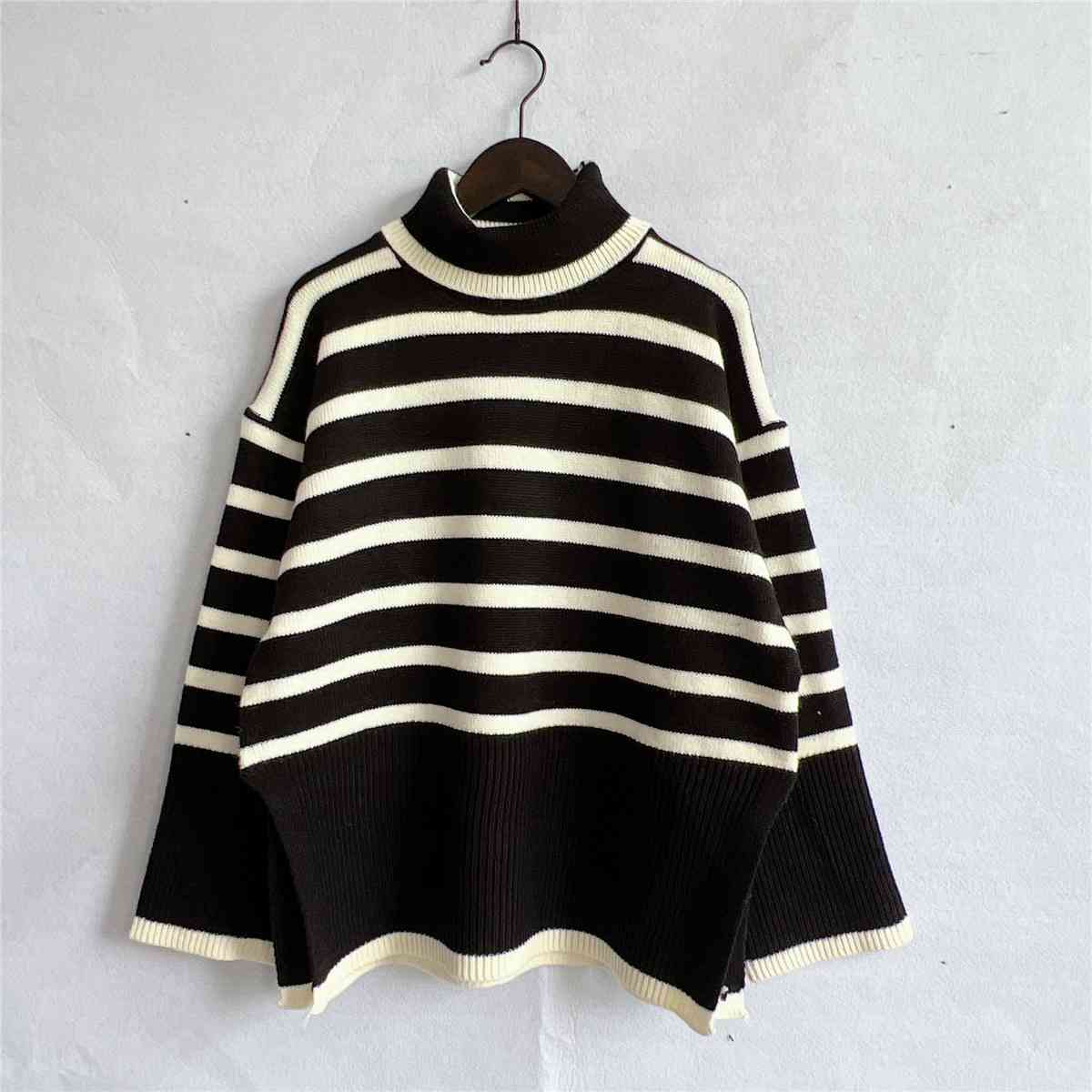 Striped Turtleneck Flare Sleeve Sweater Black S 