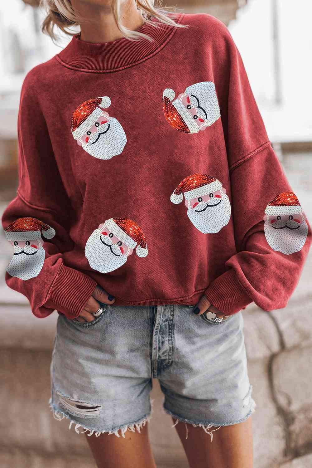 Sequin Santa Patch Round Neck Sweatshirt Wine S 