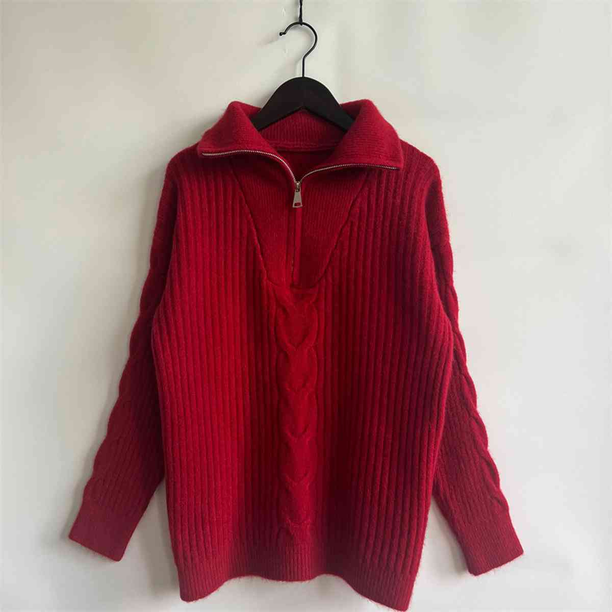 Ribbed Half Zip Long Sleeve Sweater Red S 