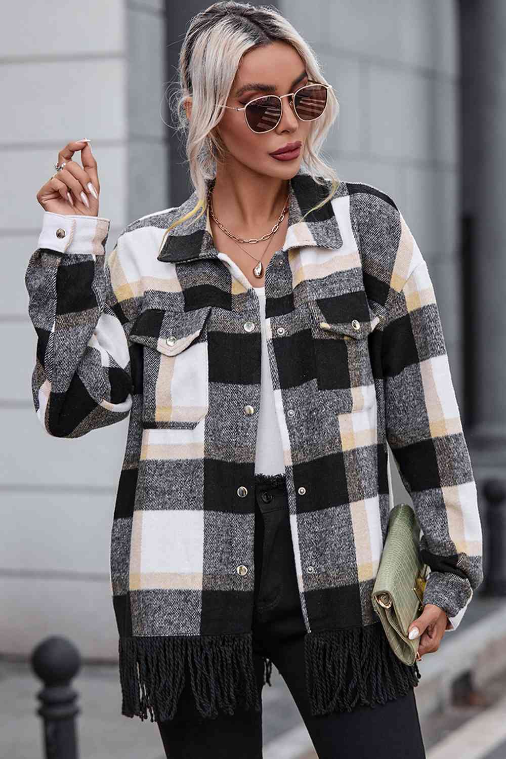 Plaid Collared Neck Snap Front Jacket   